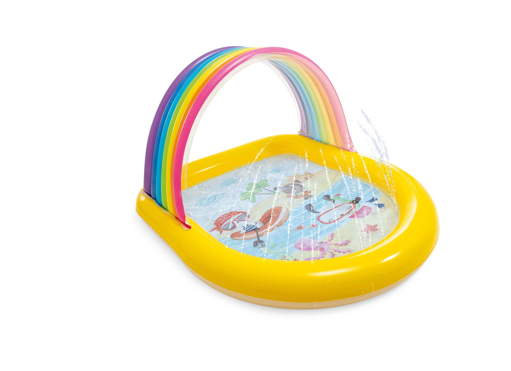 Regenboogzwembad met watersproeiers