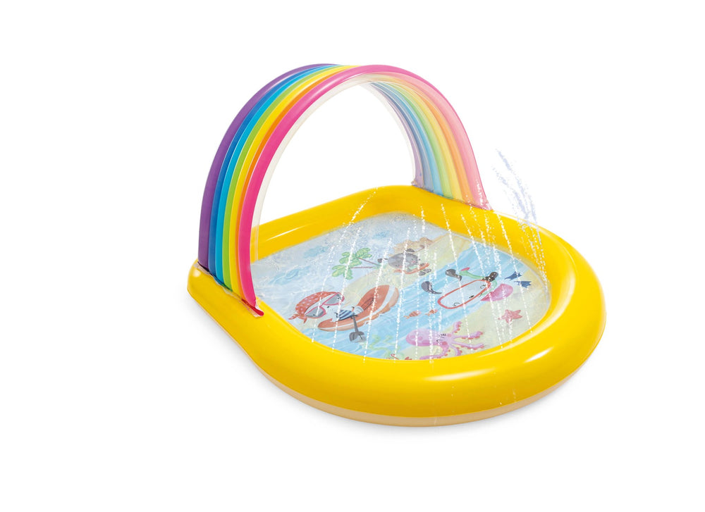 Regenboogzwembad met watersproeiers