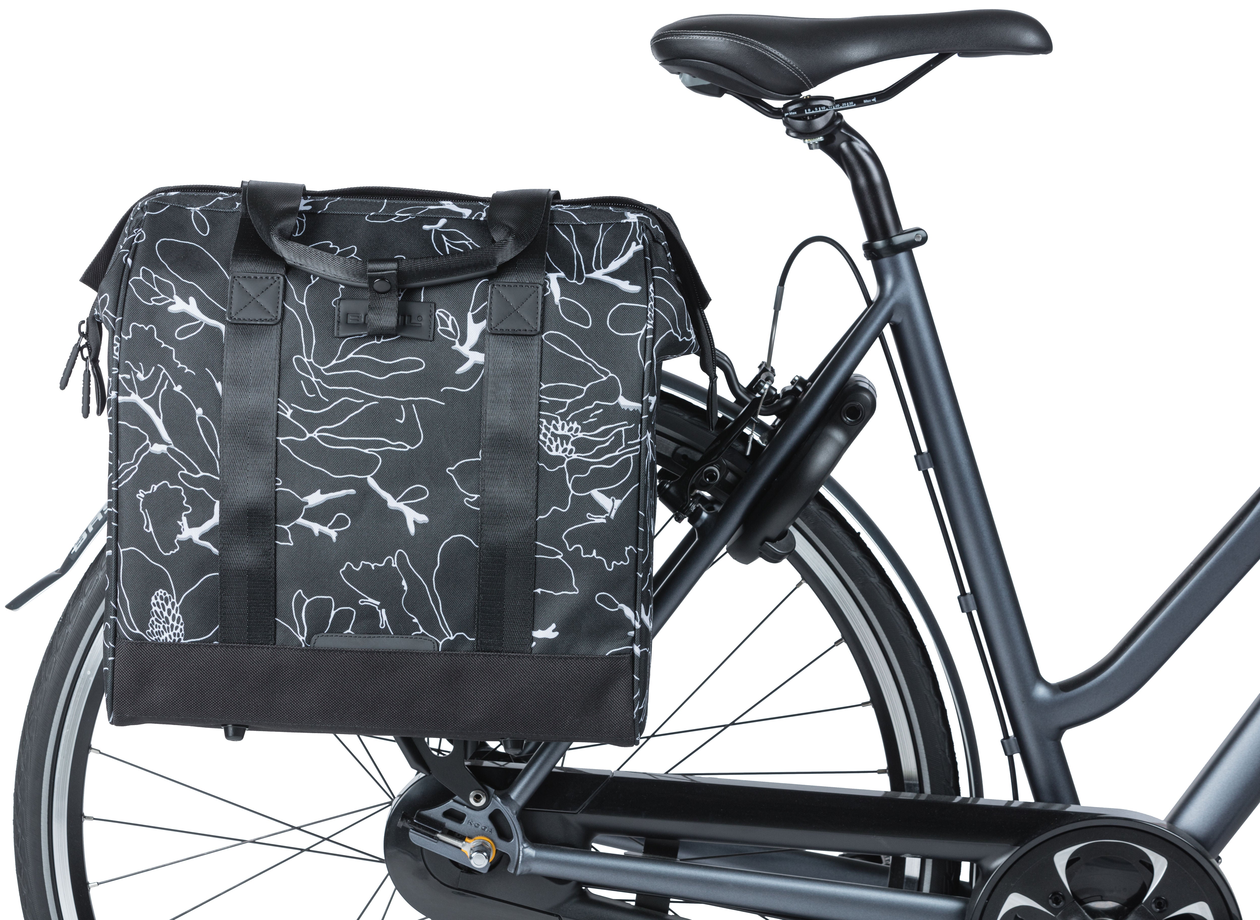 Basil Grand Flower fietsshopper - zwarte waterafstotende tas met laptopvak - 23L