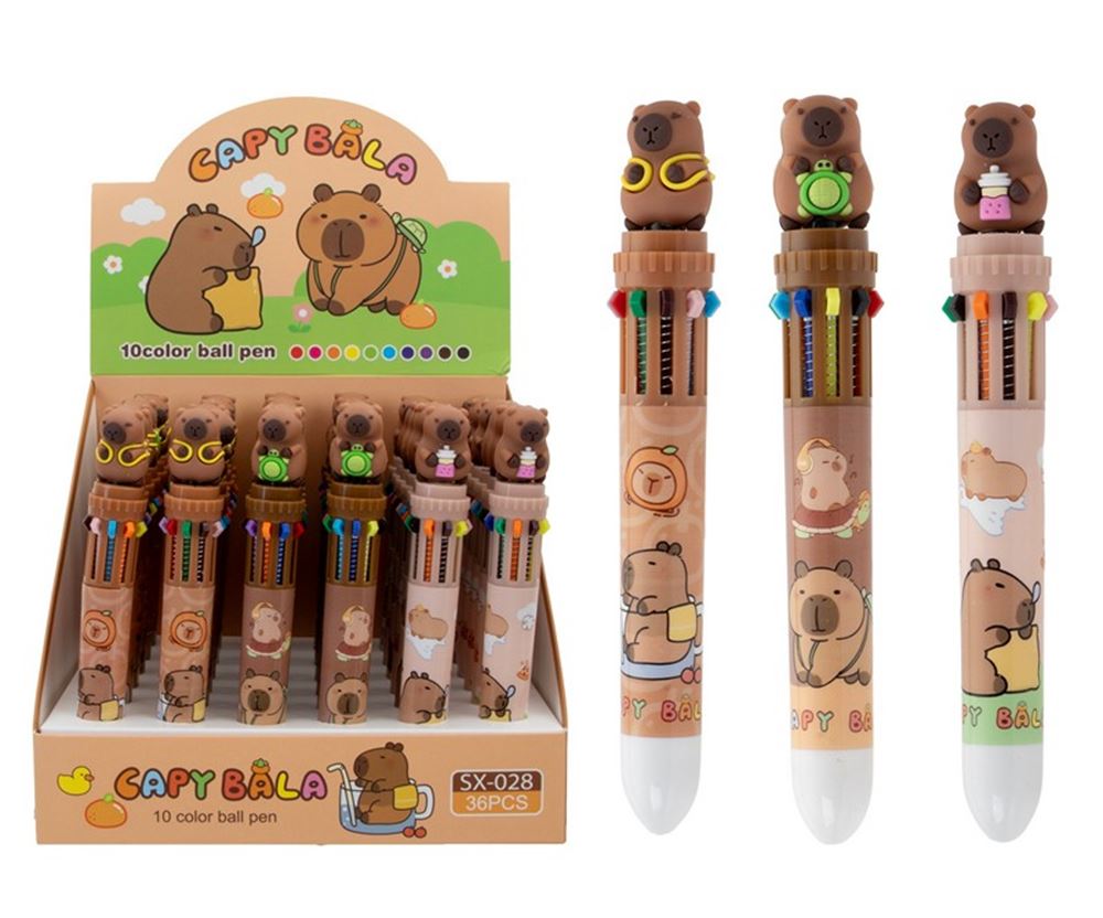 Capybara 10 kleuren balpen, 15 cm. 3 ass