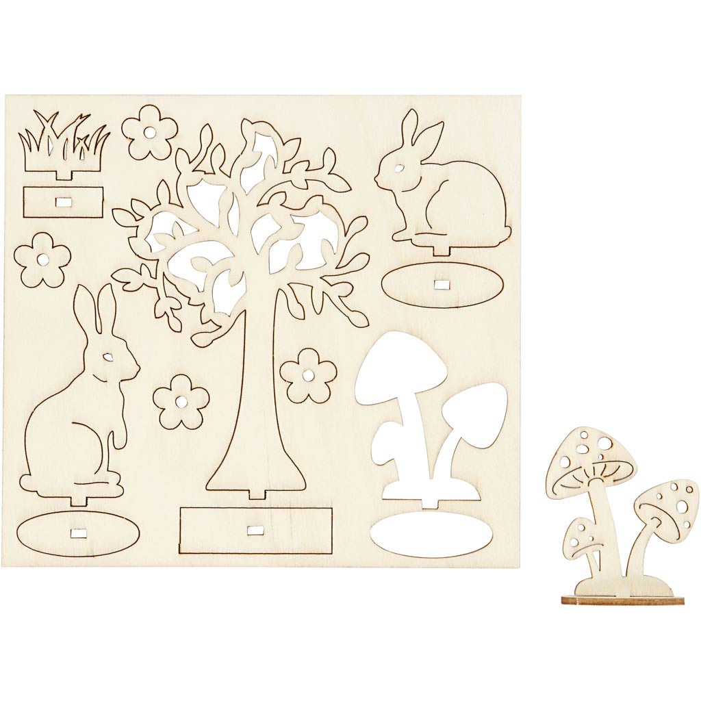 Creativ company diy houten figuren hazen, boom en paddestoelen
