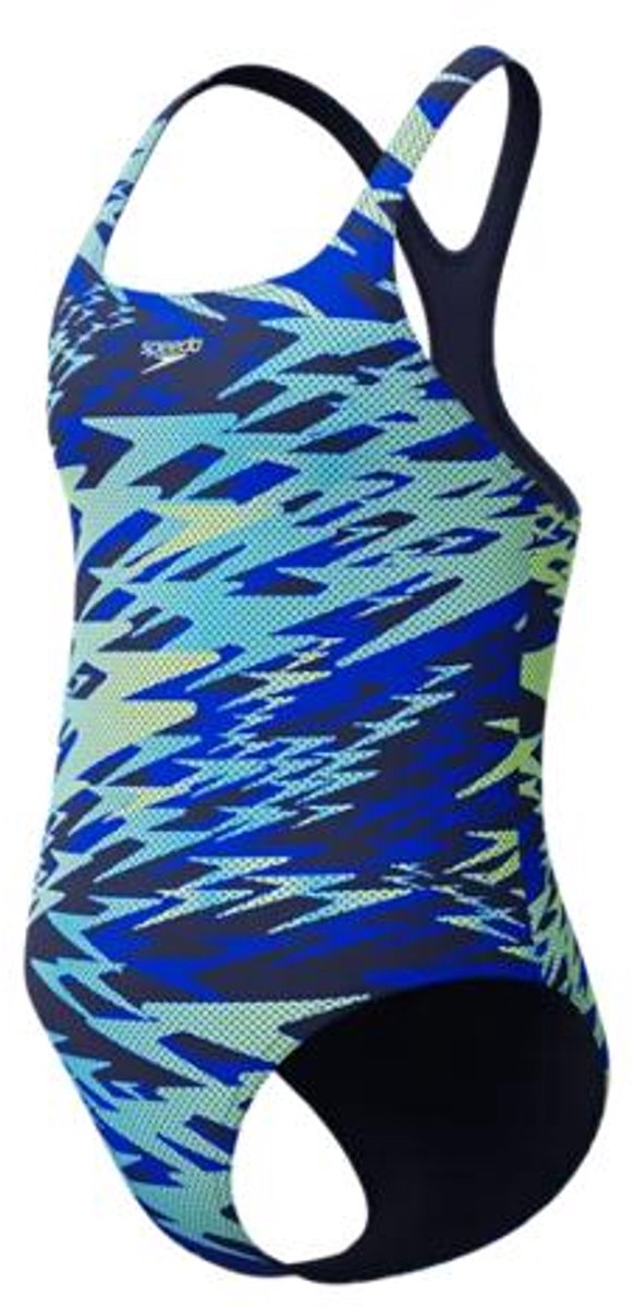 Speedo hyperboom print medalist meisjes sportbadpak - kleurvast badpak meisjes - chloorbestendig zwempak meisjes - sportbadpak meisjes met medalist-bandjes - marine groen - 152