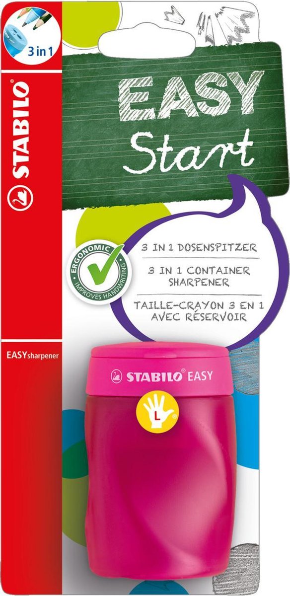 Stabilo easysharpener - ergonomische 3 in 1 puntenslijper - linkshandig - roze - geschikt voor alle potloden