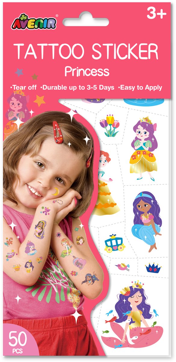 Avenir tattoo stickers - prinses - 50 stuks - blijft 3 tot 5 dagen - 3 jaar