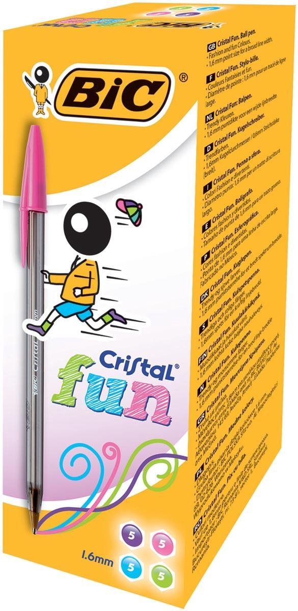 Bic cristal fun balpennen brede punt (1.6 mm) - roze paars lichtblauw lichtgroen - doos van 20 stuks