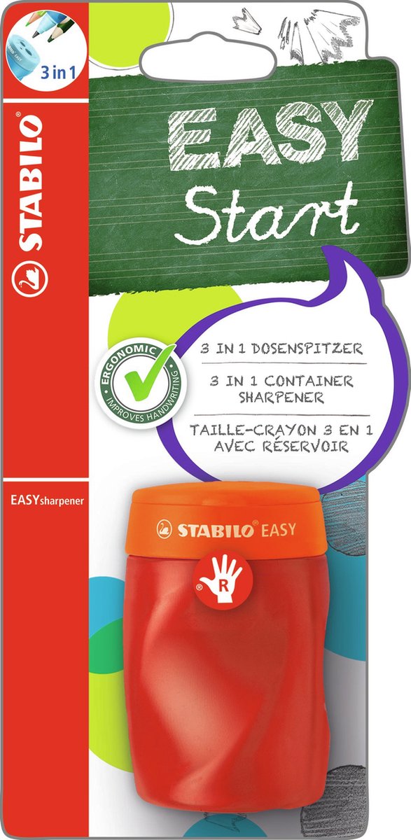 Stabilo easysharpener - ergonomische 3 in 1 puntenslijper - rechtshandig - oranje - geschikt voor alle potloden