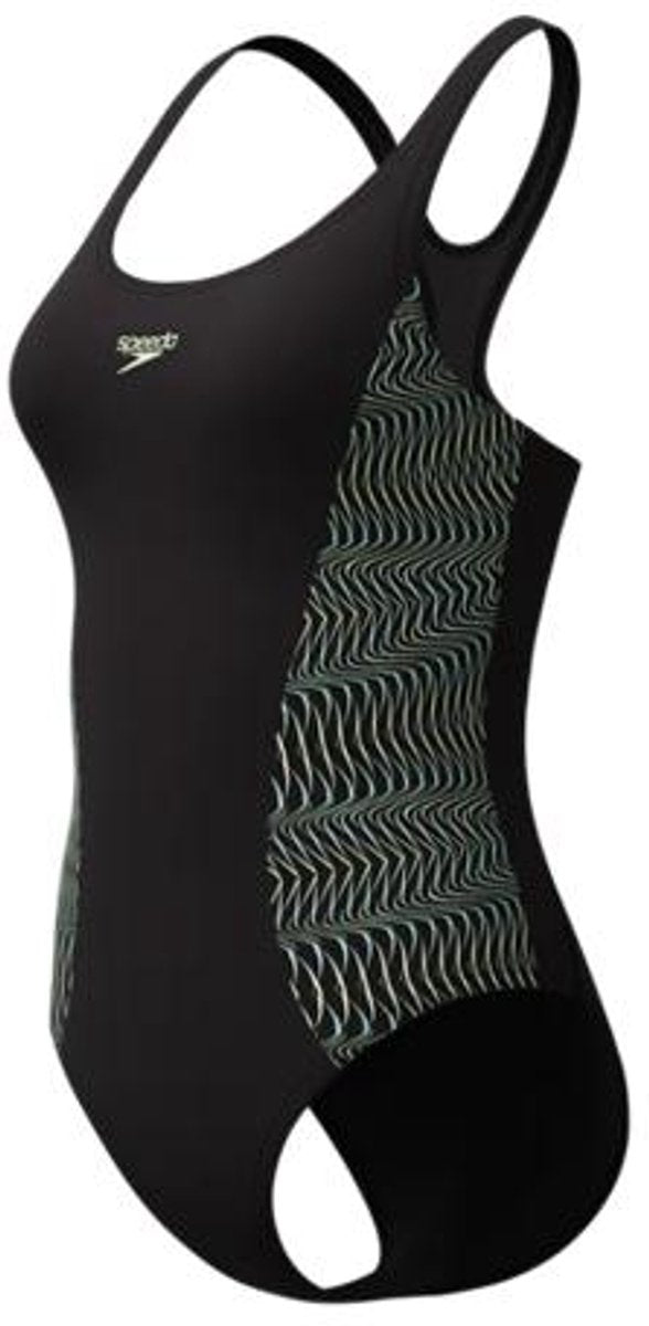 Speedo placement medalist 1 piece dames sportbadpak - badpak dames met stretch - vormvast zwempak dames - sportbadpak dames met medalist-rug - zwart groen - 44