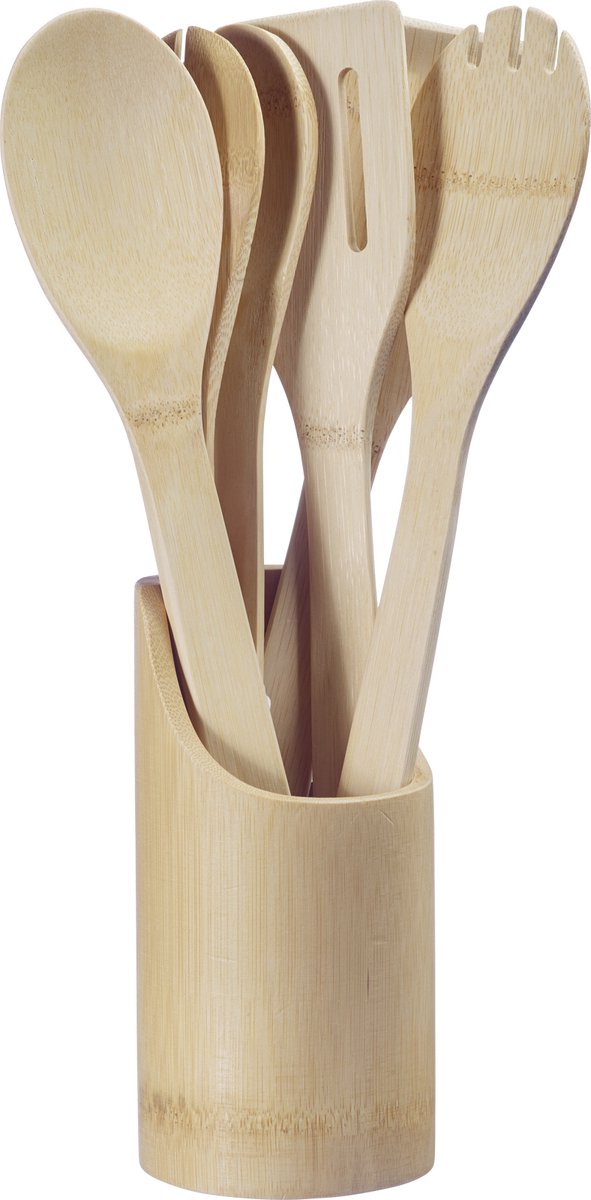 Westmark keukengerei set – keukengerei set bestaande uit pollepel, saladelepel, spatel en tang, bestek incl. bakje – bamboe, 6 stuks.