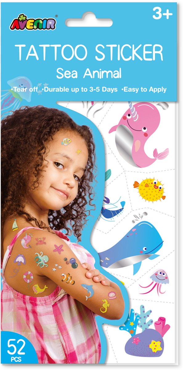 Avenir tattoo stickers - zeedieren - 52 stuks - blijft 3 tot 5 dagen - 3 jaar