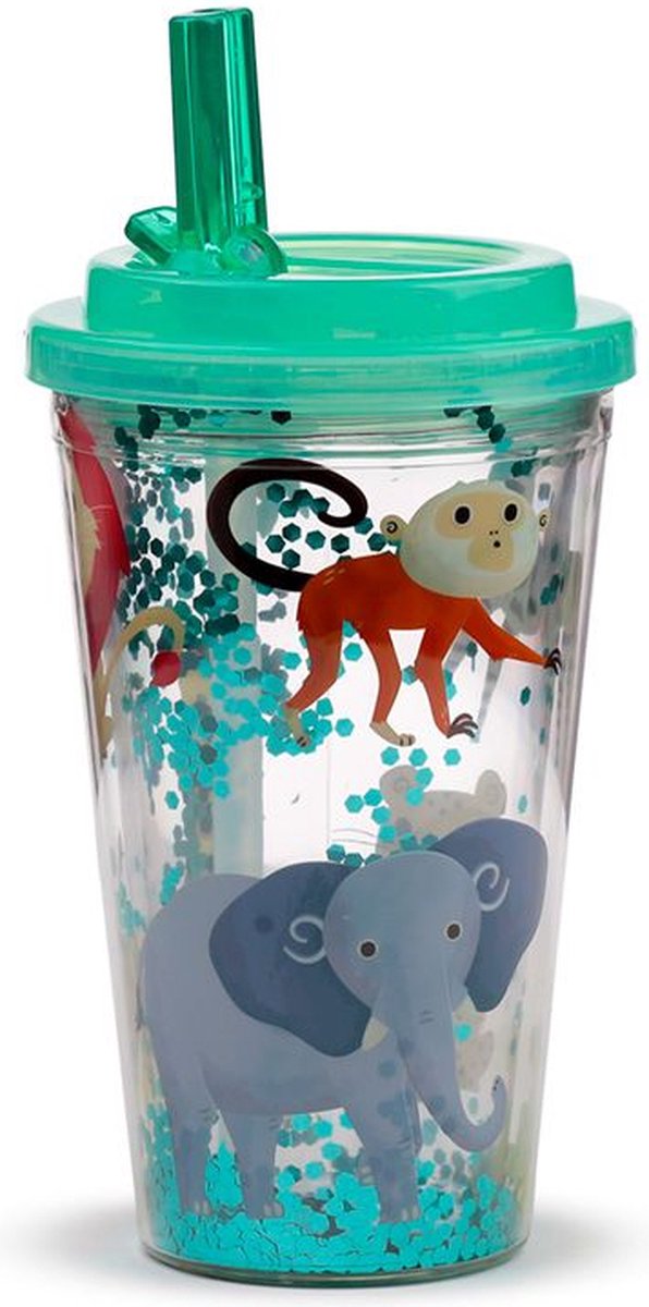 Puckator beker - zooniverse - wilde dieren cartoon - breukbestendig dubbelwandig - poptop cover - ecozen - 500ml