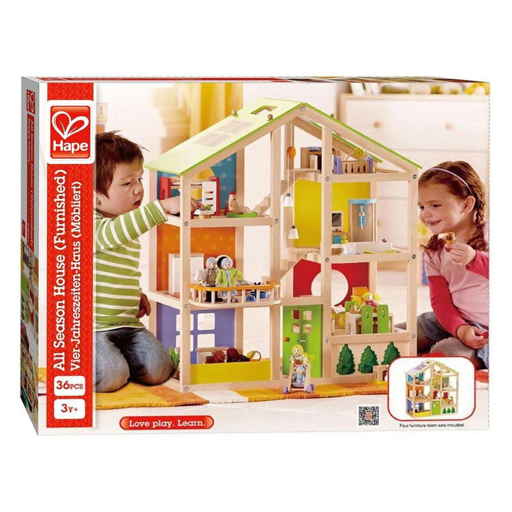 Hape poppenhuis vier seizoenen - volledig ingericht houten poppenhuis met 36 onderdelen, 3 jaar+