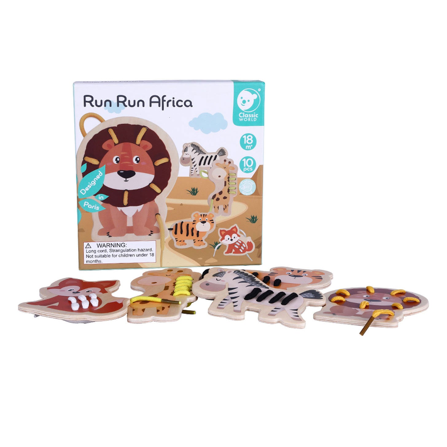 Klassieke Wereld Wereld Rijgpuzzel Wilde Dieren, 10dlg.