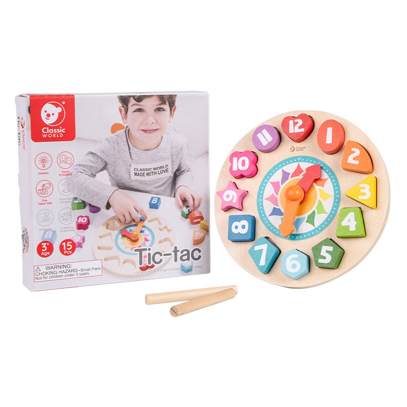 Klassieke Wereld Wereld Houten Leerklok met Vormen Tic-Tac, 15dlg.