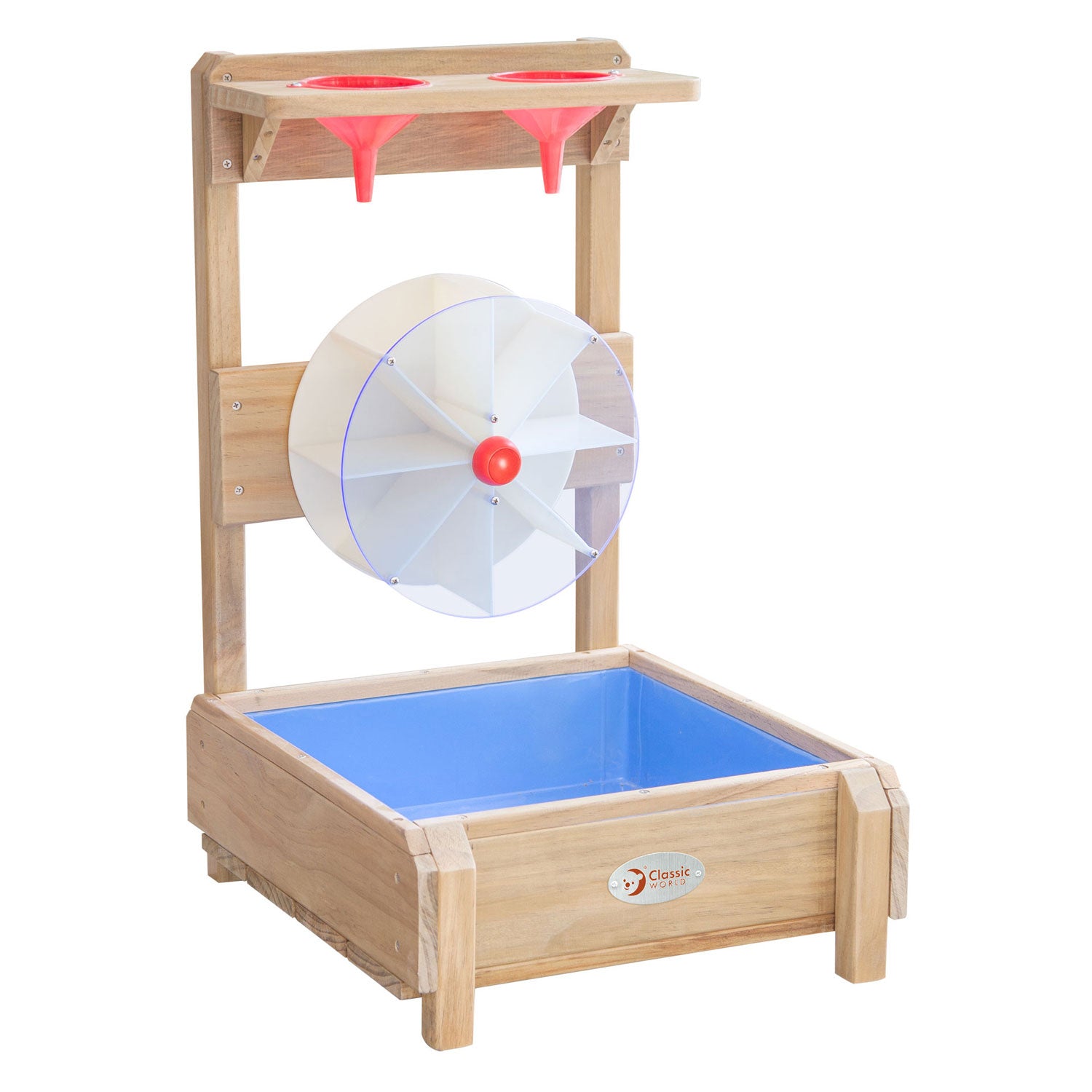 Klassieke wereld houten watertafel met trechters en watermolen