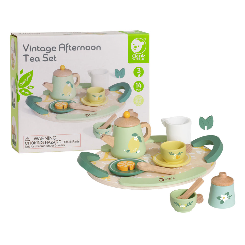 Klassieke wereld houten vintage theeset met dienblad, 14dlg.