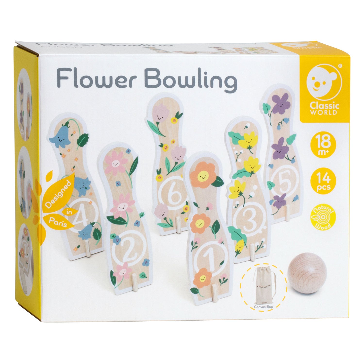Klassieke wereld houten bowlingset bloemen, 14dlg,