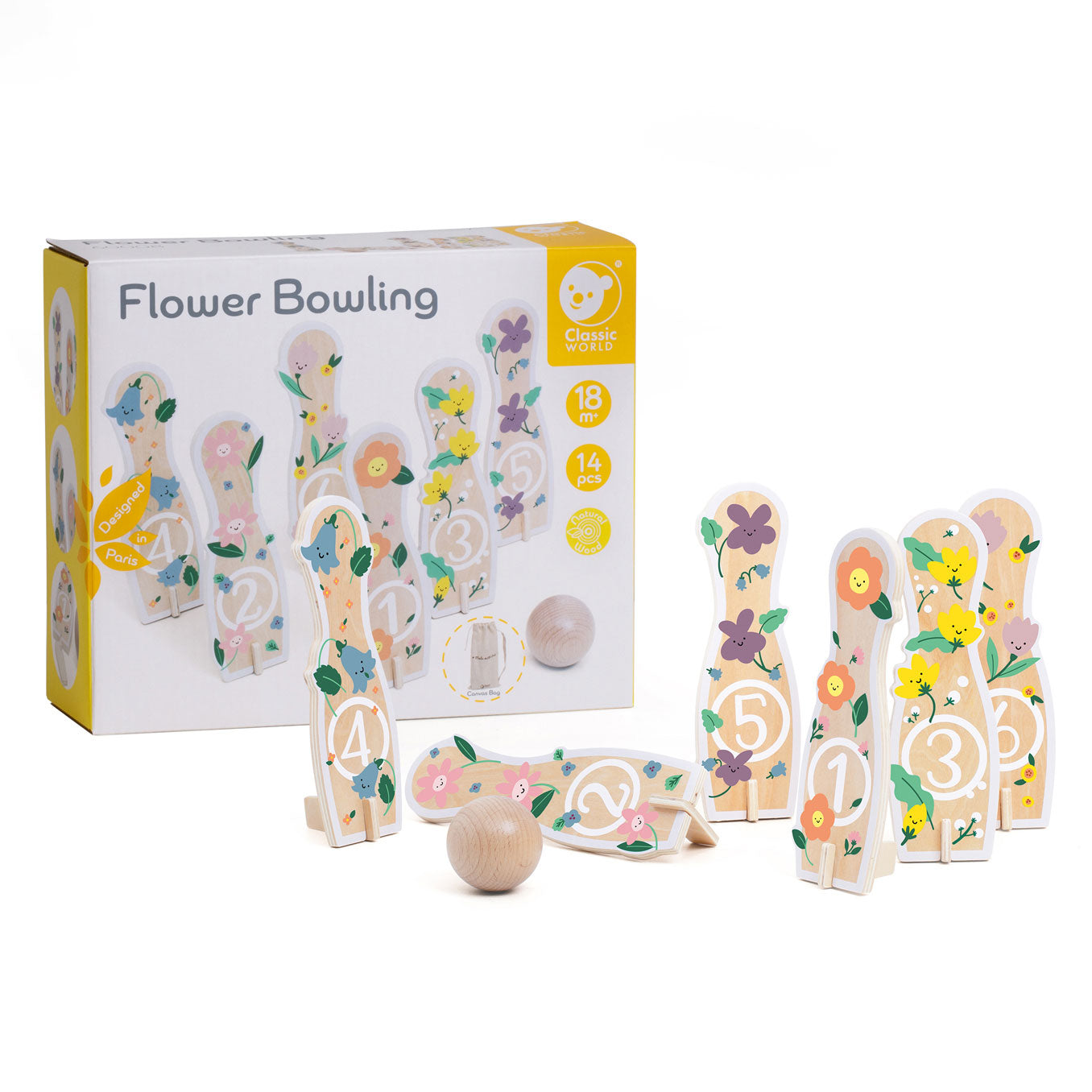 Klassieke wereld houten bowlingset bloemen, 14dlg,