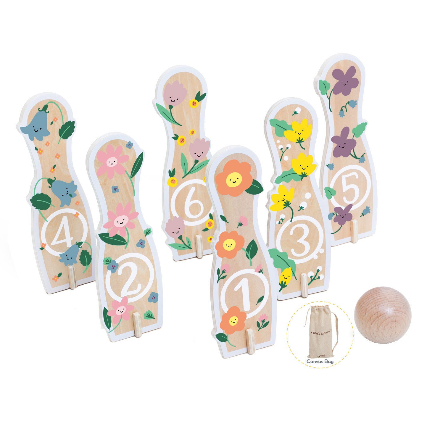 Klassieke wereld houten bowlingset bloemen, 14dlg,