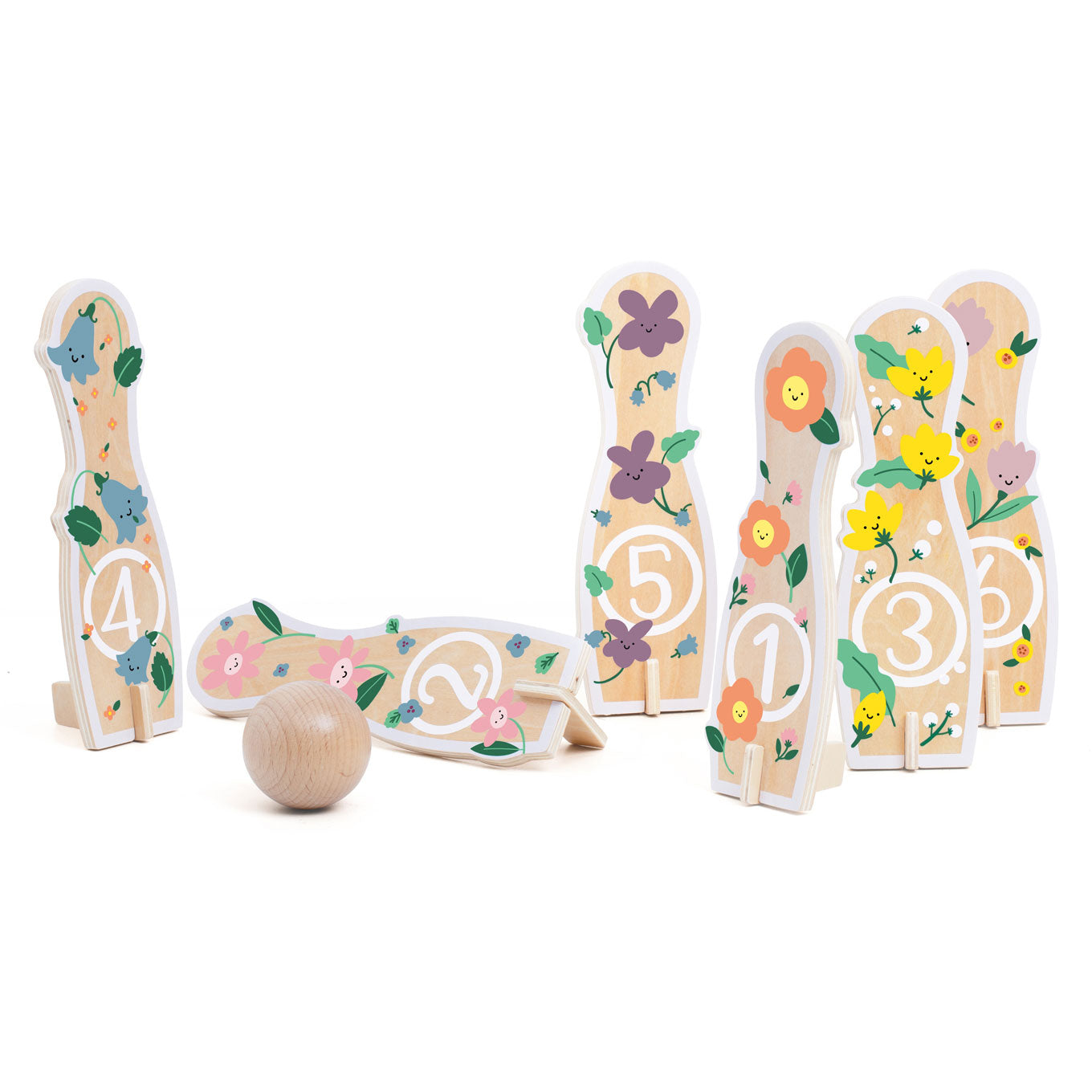 Klassieke wereld houten bowlingset bloemen, 14dlg,