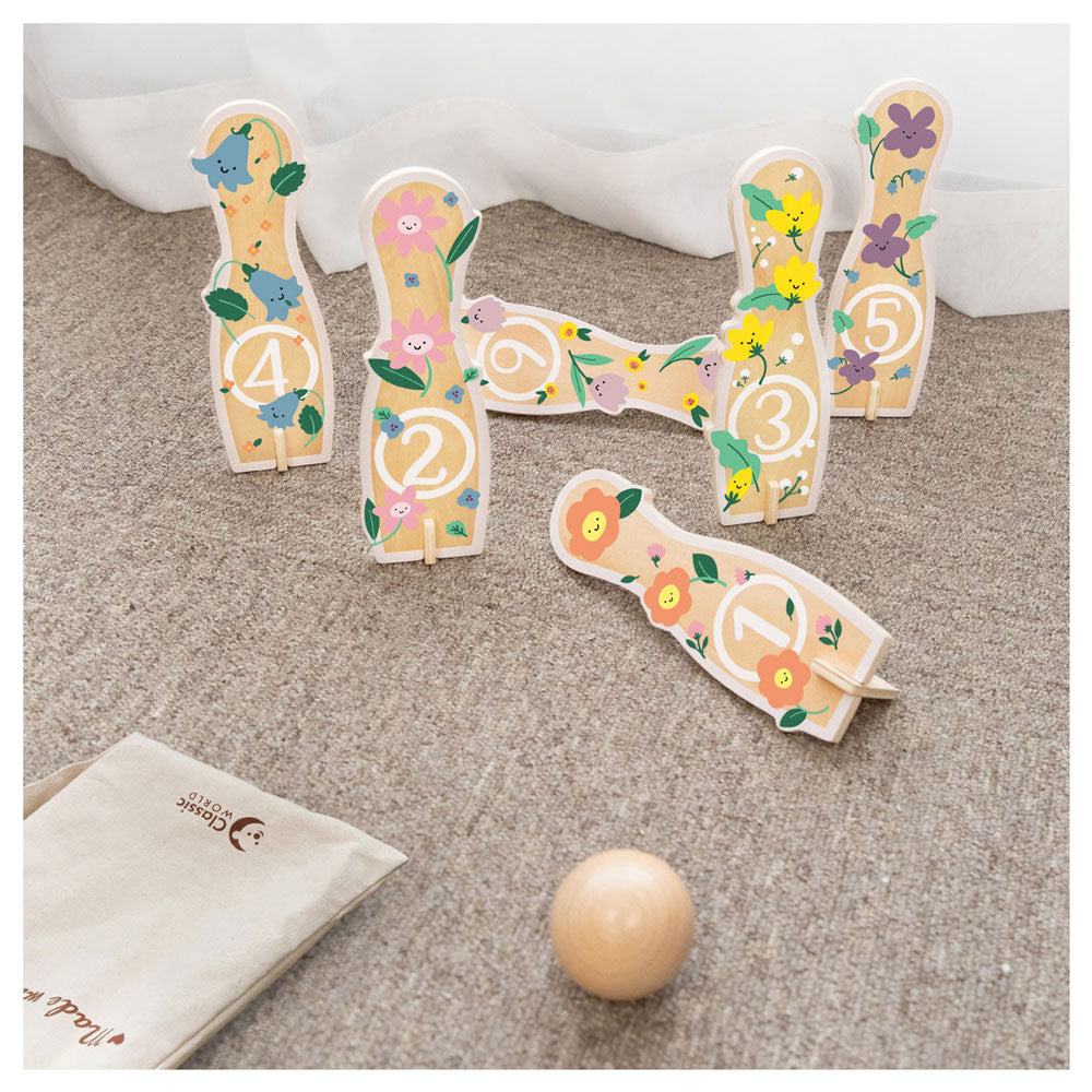Klassieke wereld houten bowlingset bloemen, 14dlg,