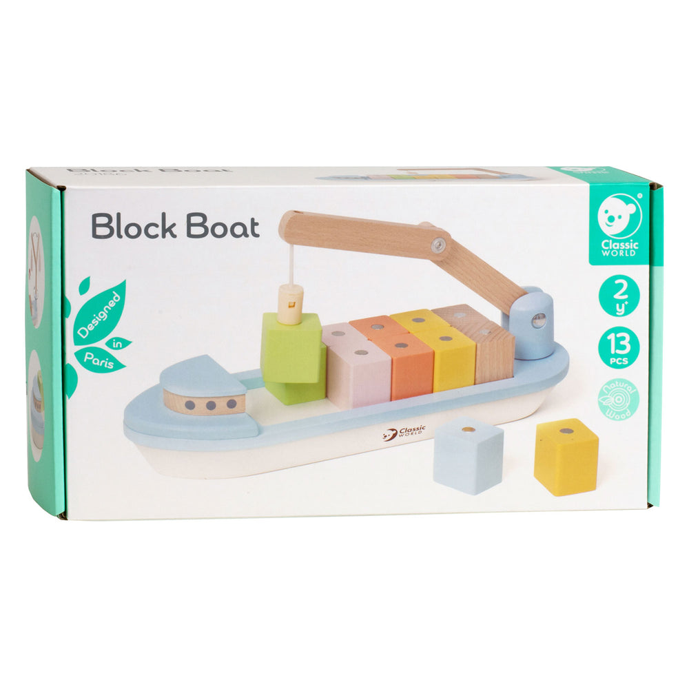 Klassieke Wereld Wereld Houten Blokkenboot met Kraan, 13dlg.