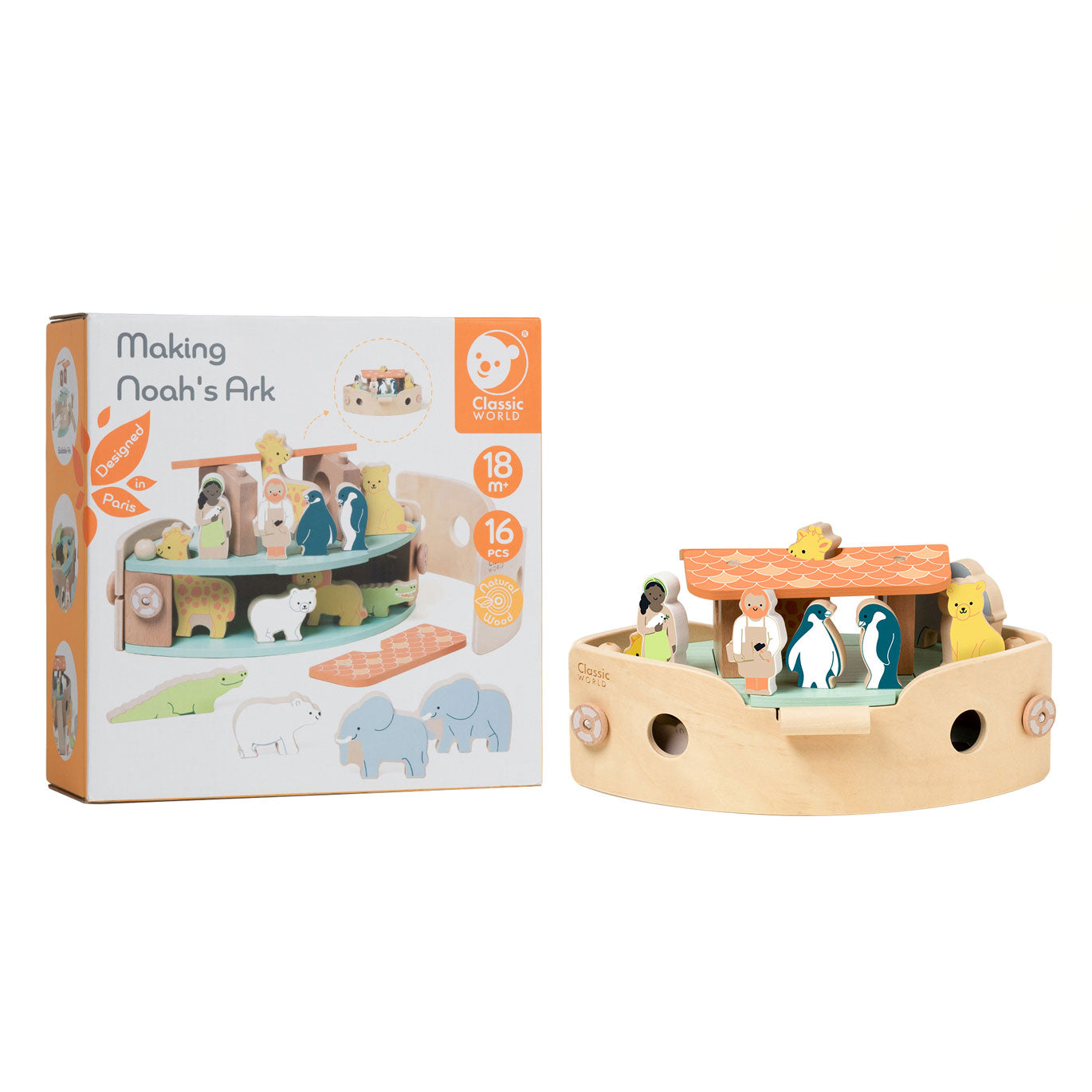 Klassieke Wereld Wereld Houten Arklaars van Noach Bouwset met Dieren, 16dlg.