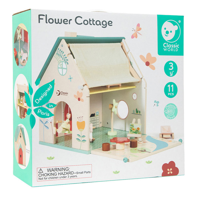 Klassieke wereld houten poppenhuisje met tuintje, 10dlg.