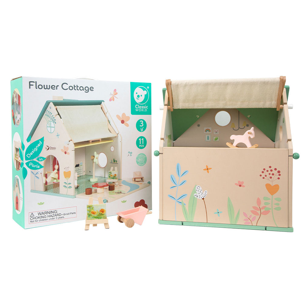 Klassieke wereld houten poppenhuisje met tuintje, 10dlg.