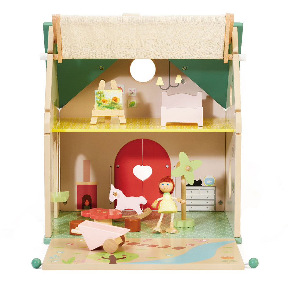 Klassieke wereld houten poppenhuisje met tuintje, 10dlg.