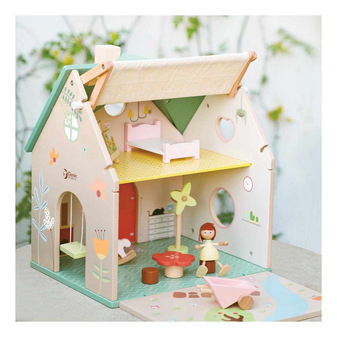 Klassieke wereld houten poppenhuisje met tuintje, 10dlg.