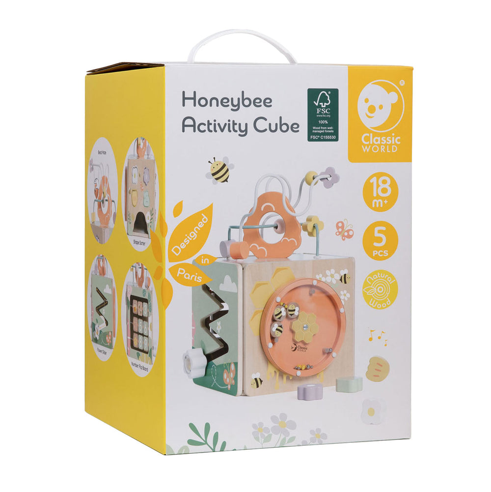 Klassieke wereld houten activiteitenkubus honenbij, 5dlg.