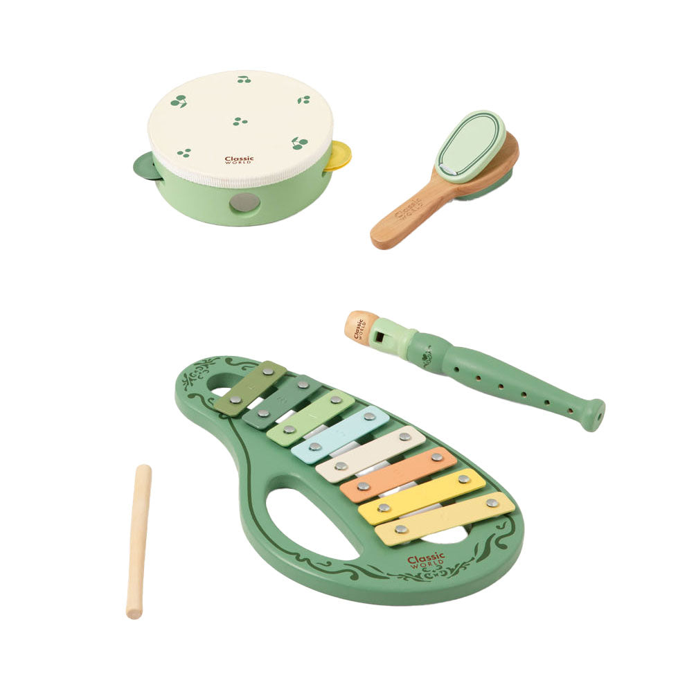 Klassieke houten vintage muziekinstrumentenset, 5dlg.