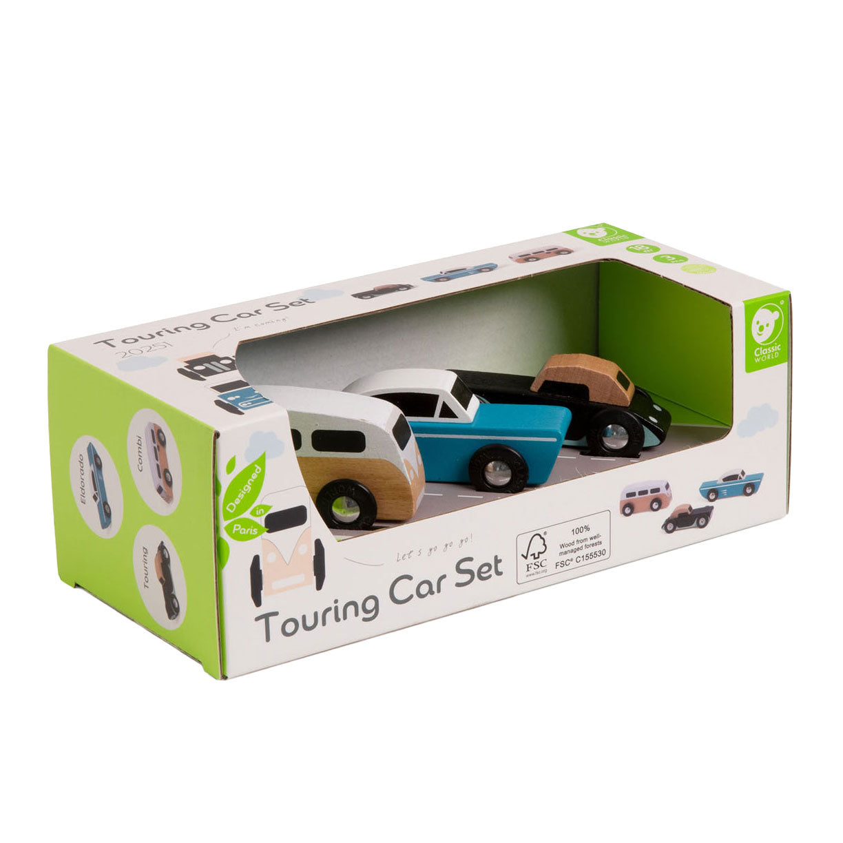 Klassieke wereld houten tour auto's set, 3st.