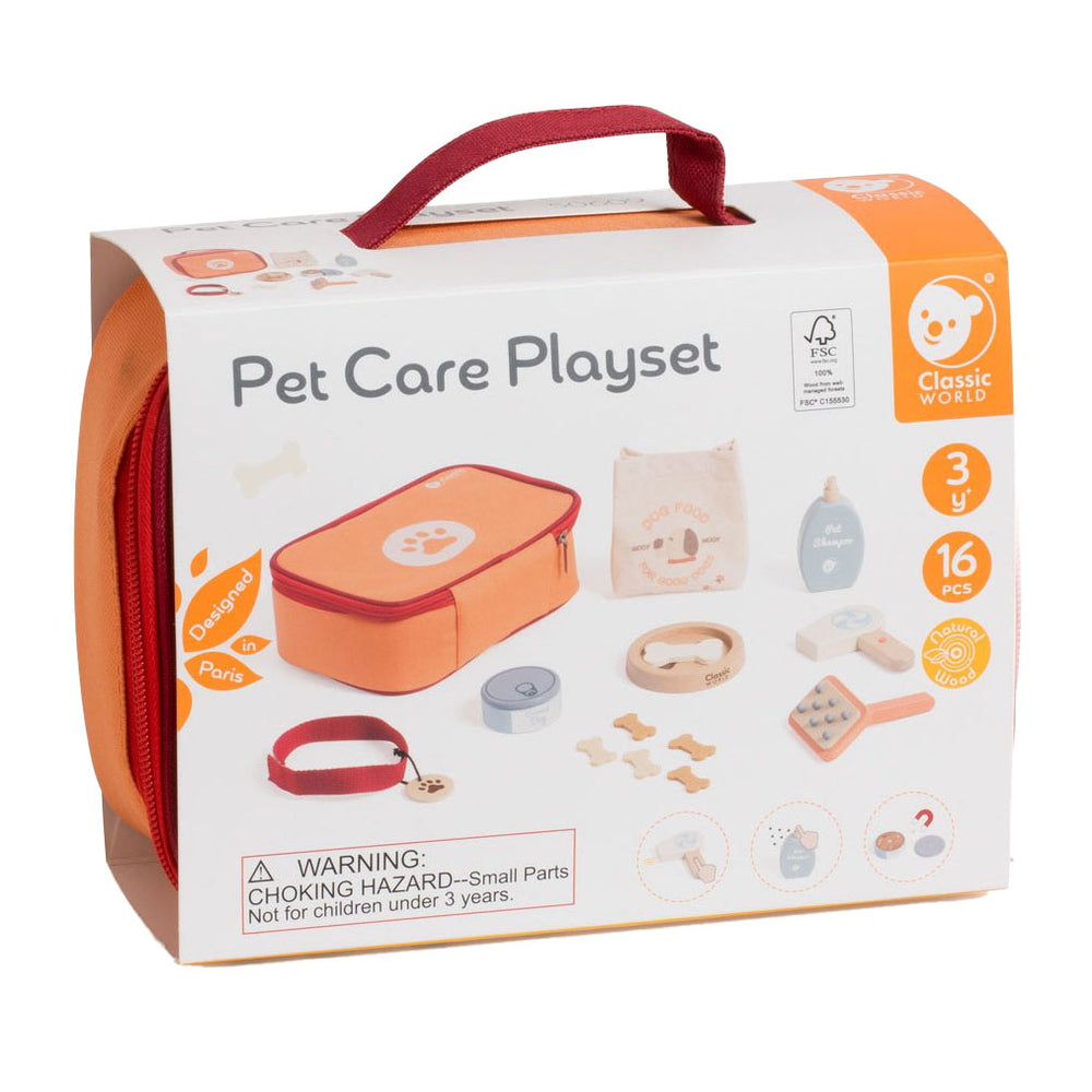 Classic world houten dieren verzorging speelset in tas, 16dlg.
