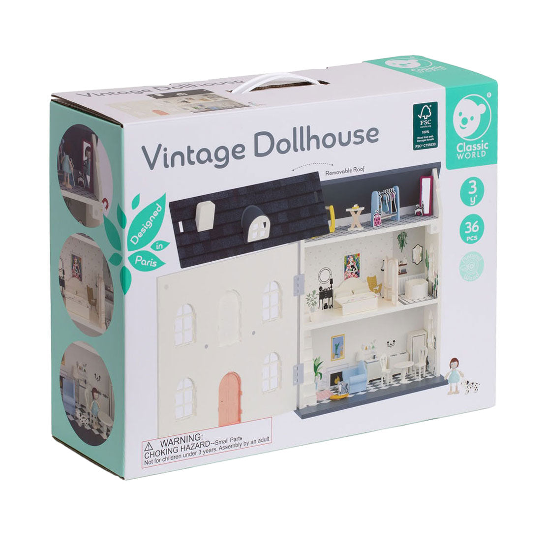Klassieke wereld houten vintage poppenhuis, 36dlg.