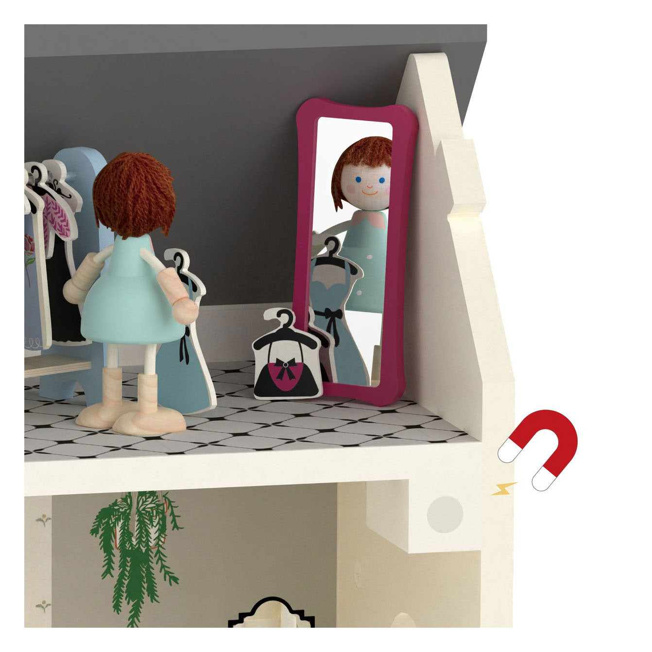 Klassieke wereld houten vintage poppenhuis, 36dlg.