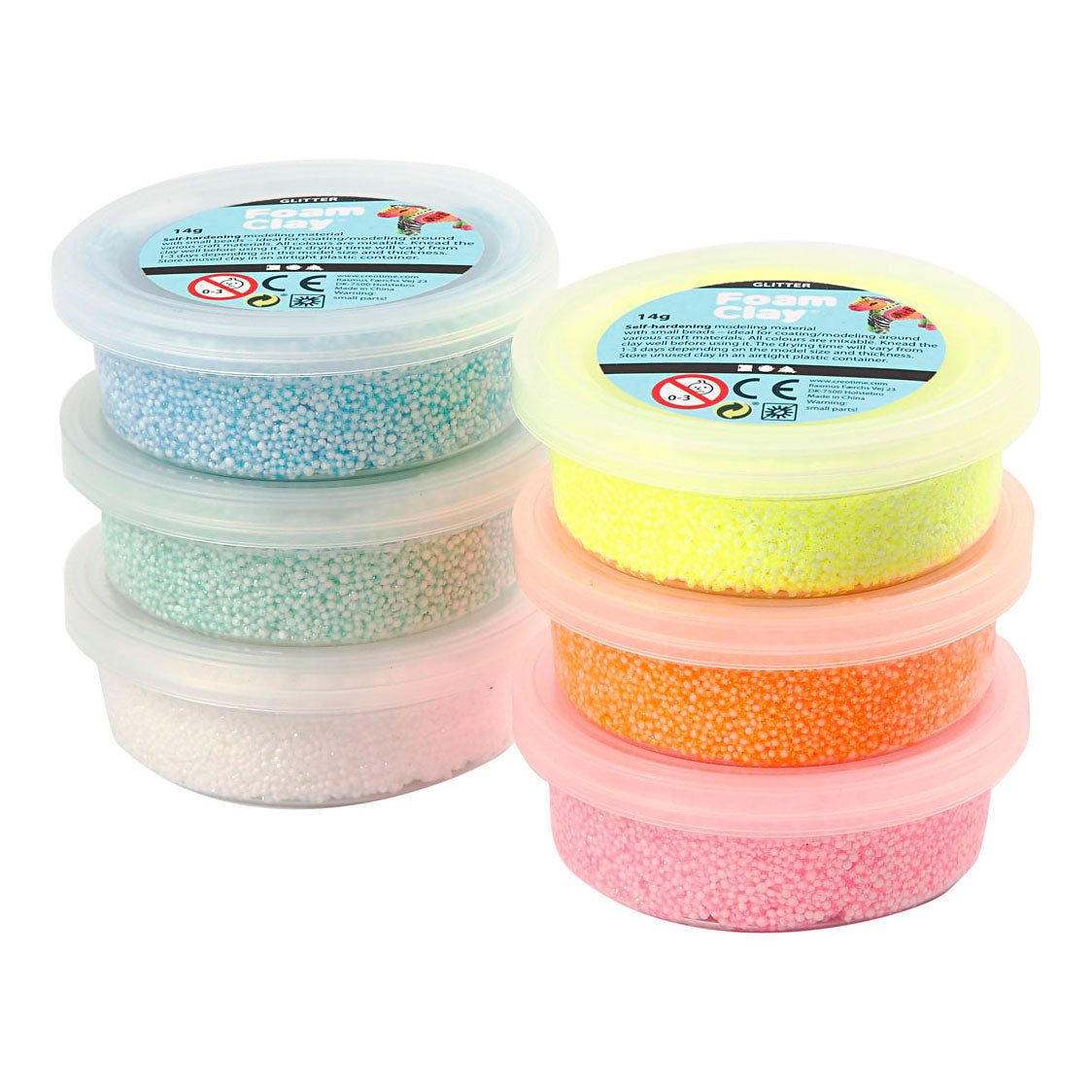 Creativ company foam clay pastel kleuren glitter, 6x14gr.