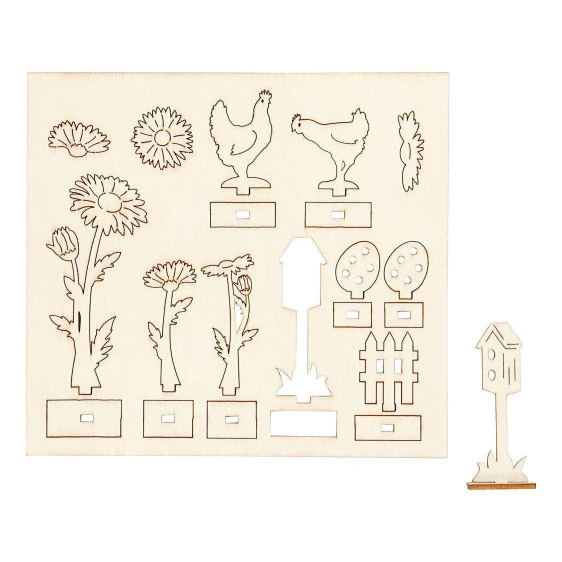 Creativ company diy houten figuren kippen, eieren en bloemen