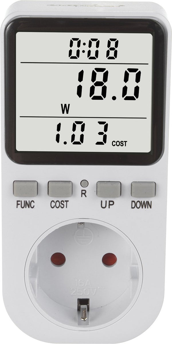 Greenblue - energiemeter – verbruiksmeter - wattmeter - elektriciteitsmeter – energiekosten- type f, 220-240v ac, 50hz, max. belasting 16a, ip20, ingebouwde batterij, gb364 f - voor nederland