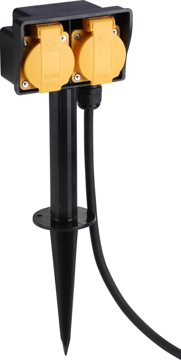 Q-link stekkerdoos - 2-voudig - op spie - randaarde - spatwaterdicht (ip44) - 3 x 1.5 mmâ² - 3 m - rubber - zwart