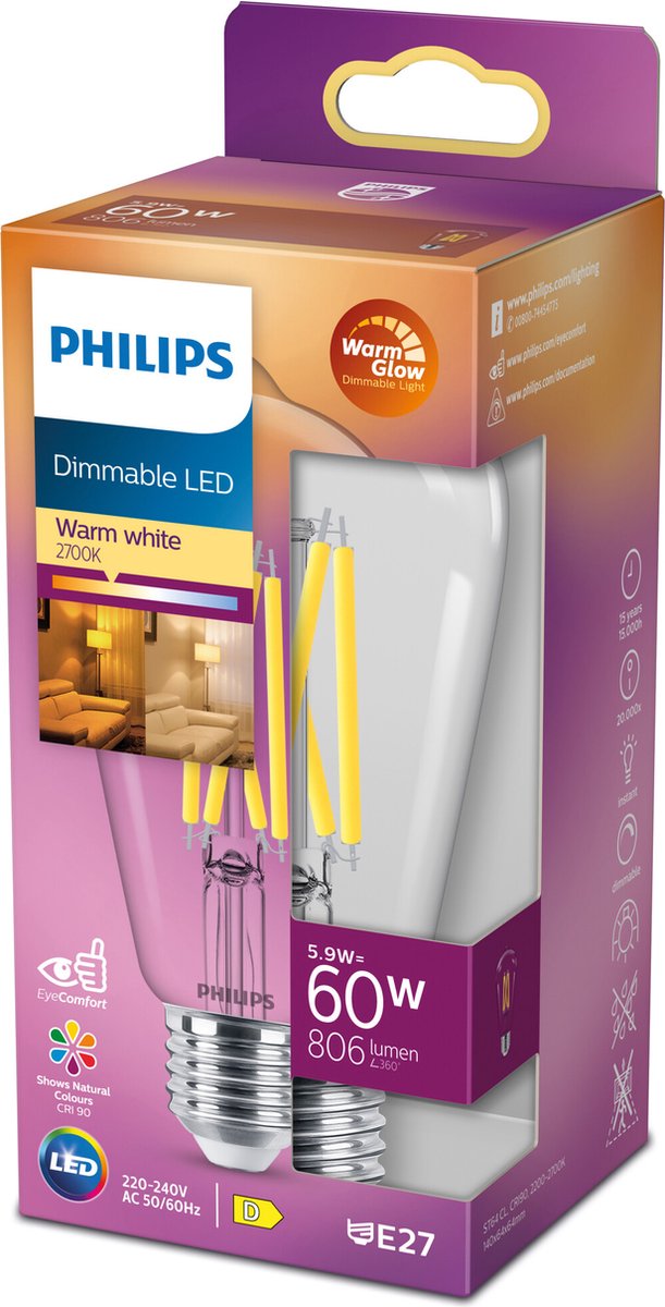 Philips led edison transparant - 60 w - e27 - dimbaar warmwit licht