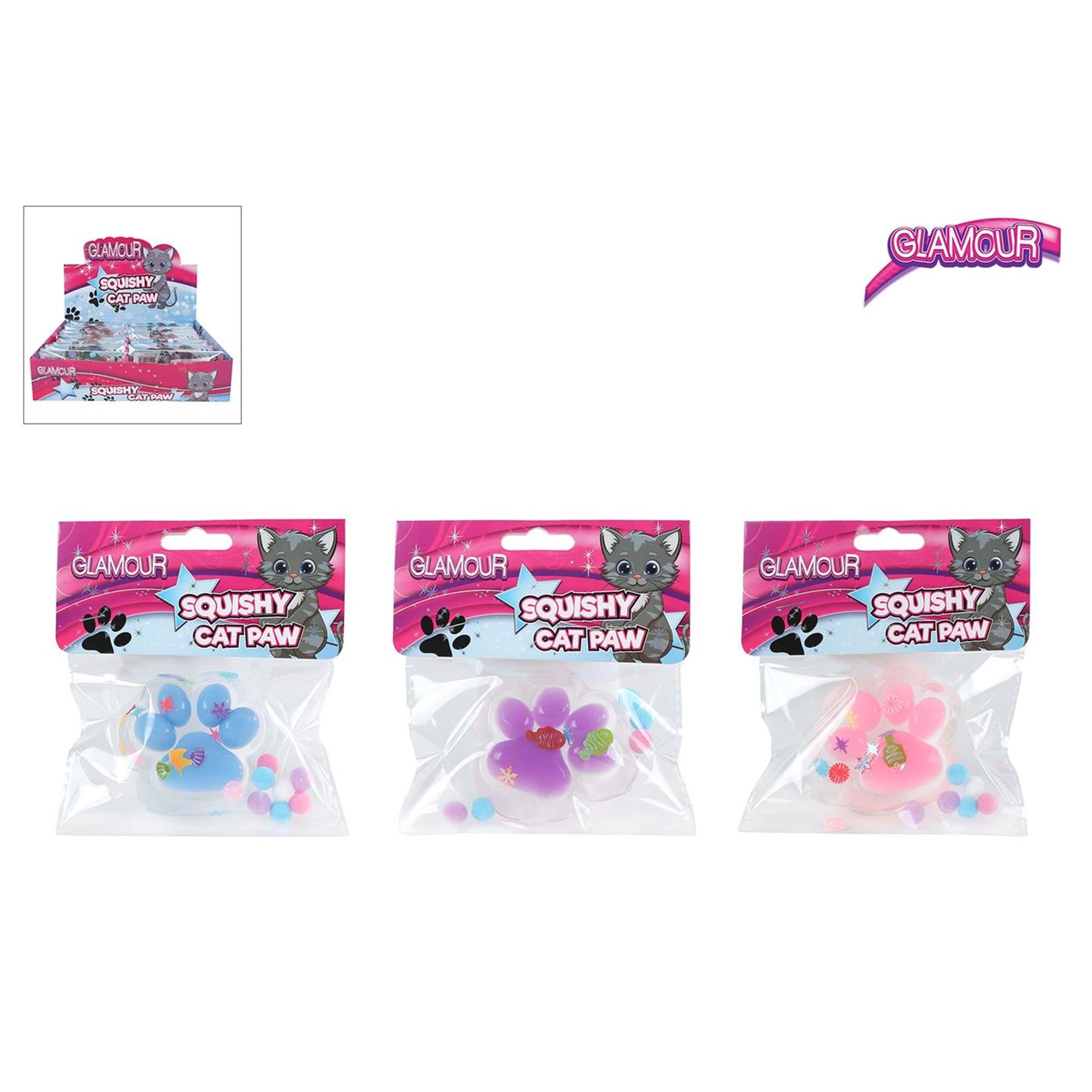 Glamour squishy kattenpootje met glitters 7cm 3 assorti