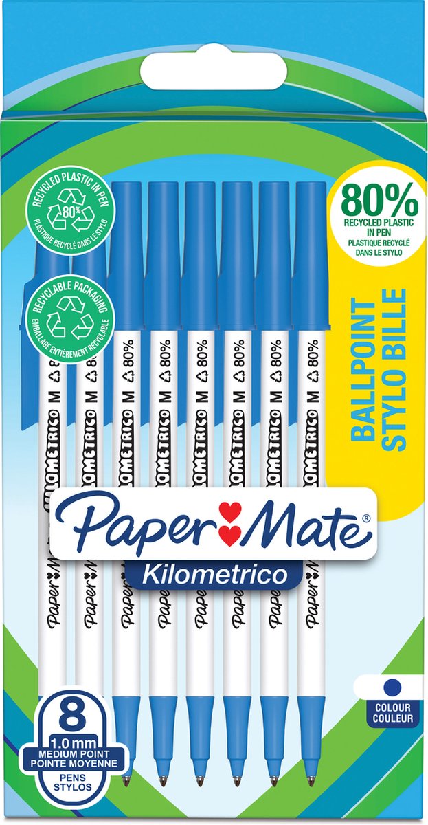 Paper mate kilometrico-balpennen | lange schrijfduur met mediumpunt (1,0mm) | blauwe inkt | 80% gerecycled plastic | 8 stuks