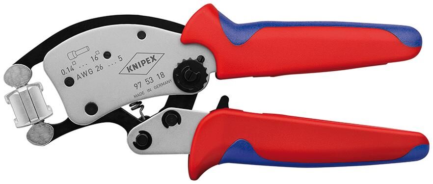 Knipex twistor 16 zelfinstellende krimptang voor adereindhulzen (rood blauw, met draaibare krimpkop)