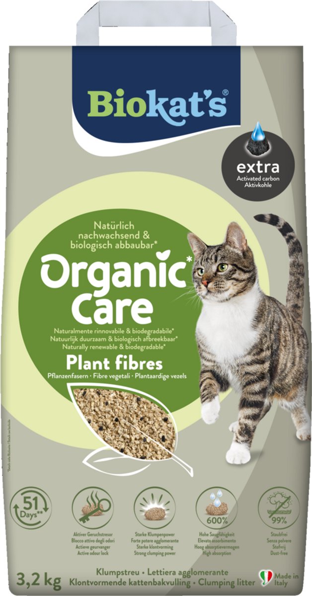Biokat's organic care plant fibres extra - 3,2 kg - kattenbakvulling - klontvormend - zonder geur