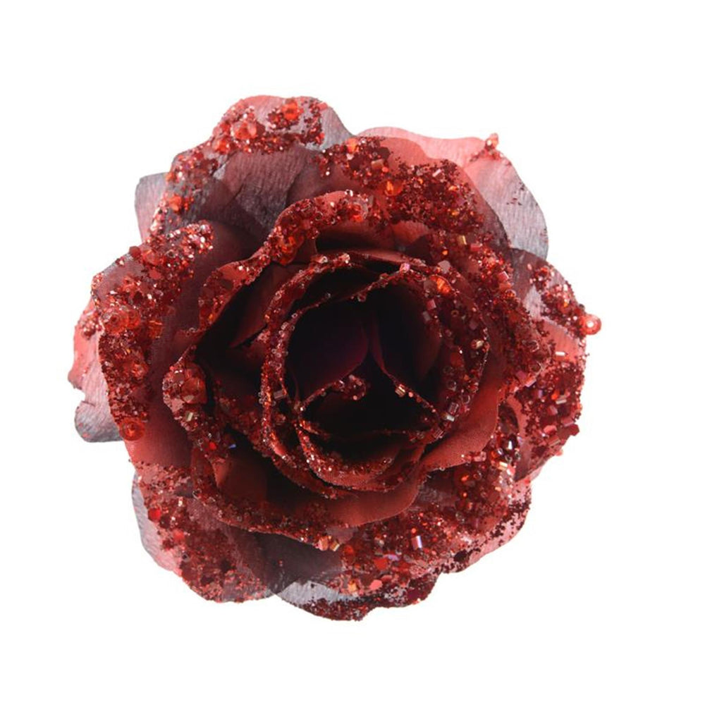 Decoris kerstdecoratie roos op clip polyester ossenbloed dia14x8,5cm