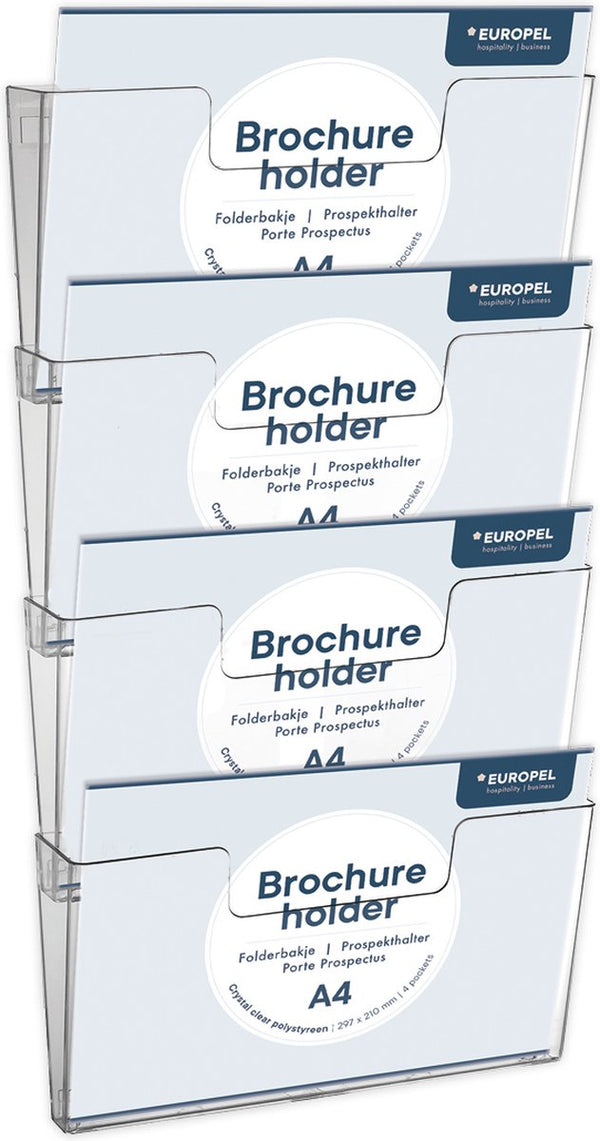Europel folderbakjes meervoudig – flyers, folders visitekaartjes – 4x a4 liggend – 29,7 x 21 cm – glasheldere presentatie – beurzen en kantoren – 4 losse delen wandmontage en zelf in te delen