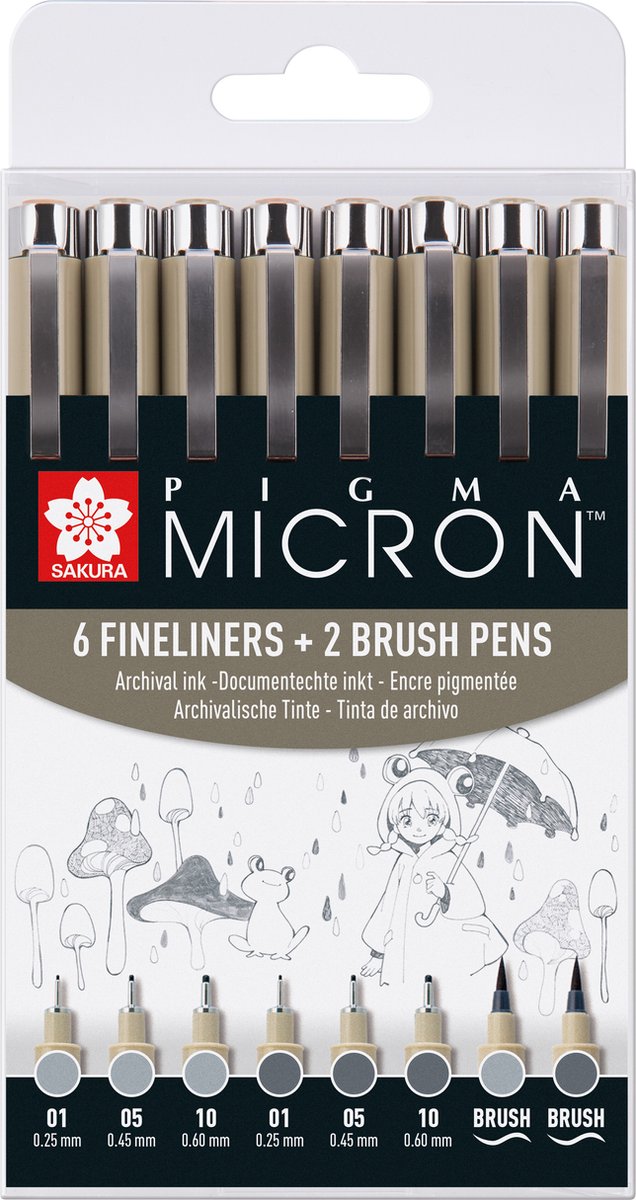 Sakura pigma micron finelinerset 8 pennen. (licht) koelgrijs