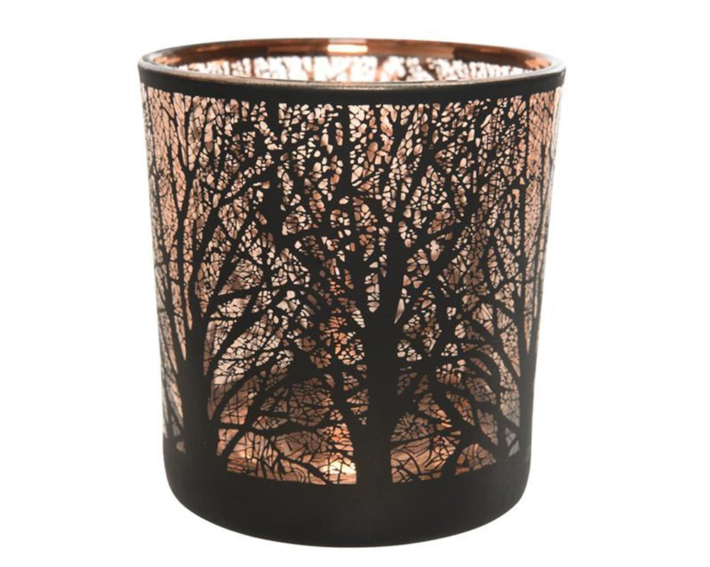Decoris theelichthouder boom glas zwart 8cm