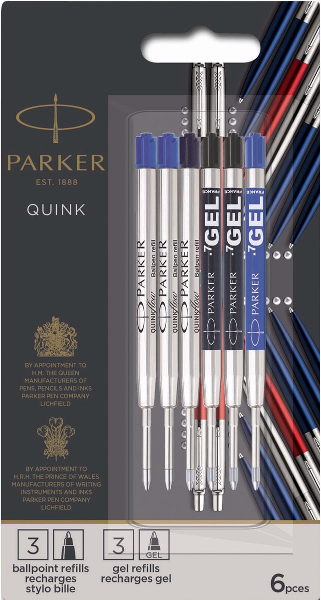Parker jotter london discovery-pakket bestaande uit navullingen voor balpen en gelpen: 3 quinkflow-navullingen voor uw balpen en 3 quink gelnavullingen